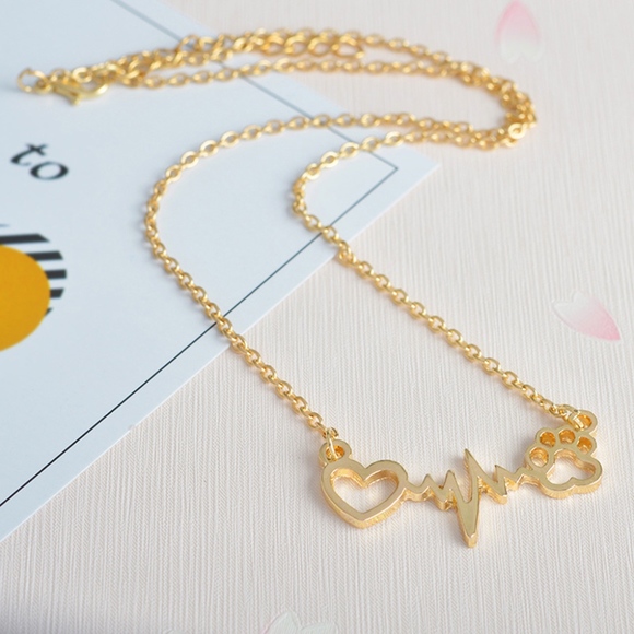 Paw Print Heart Beat Heart Necklace Gold - Picture 3 of 3